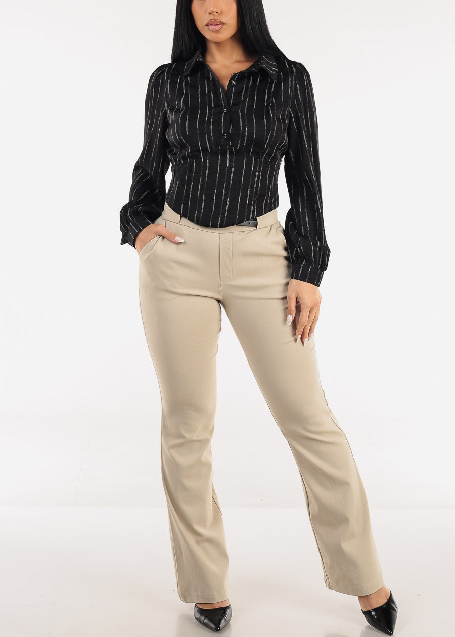 High Waisted Stretch Bootcut Dress Pants Khaki with Belt 