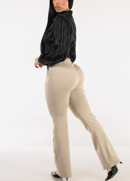 High Waisted Stretch Bootcut Dress Pants Khaki with Belt