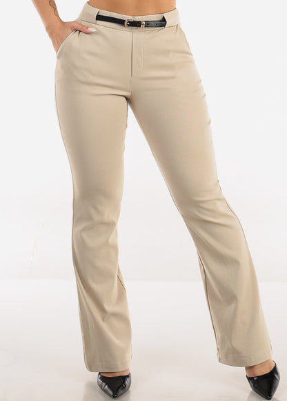 High Waisted Stretch Bootcut Dress Pants Khaki with Belt 