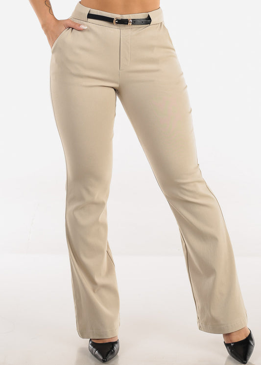 High Waisted Stretch Bootcut Dress Pants Khaki with Belt 