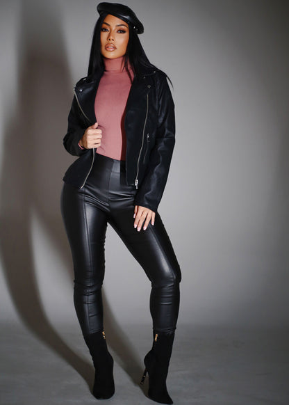 Butt Lift High Waist Coated Skinny Pants Black