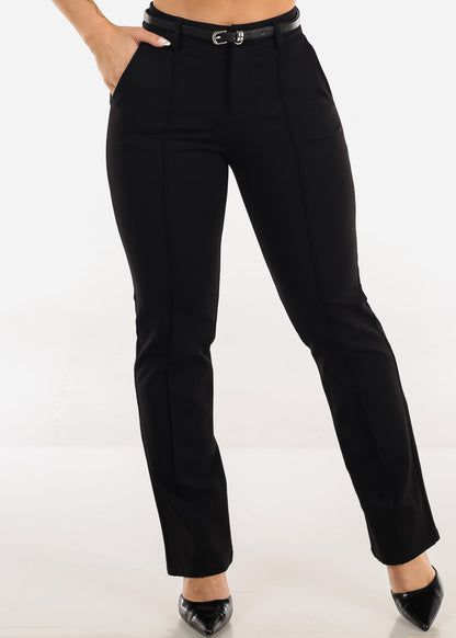 High Waisted Stretch Bootcut Dress Pants Black w Belt