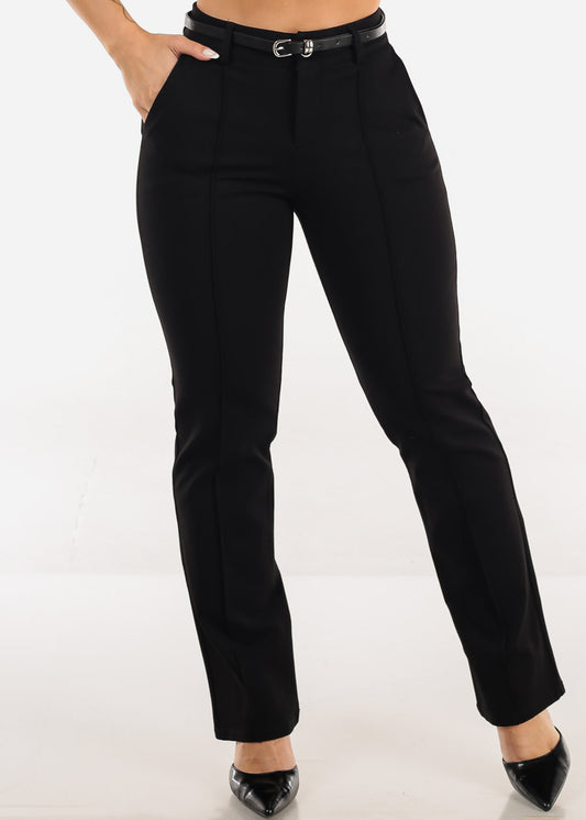 High Waisted Stretch Bootcut Dress Pants Black w Belt