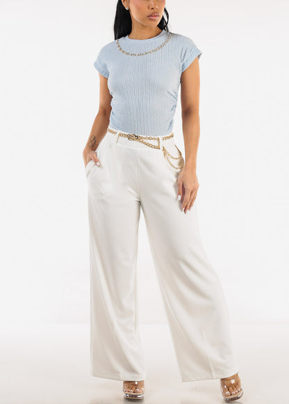 Super High Waist Wide Leg Stretch Dress Ivory Pants w Belt