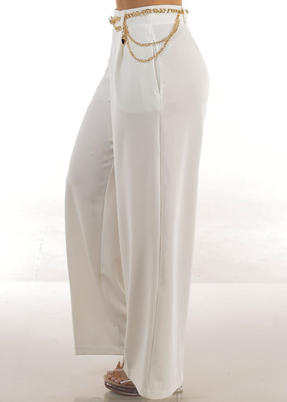 Super High Waist Wide Leg Stretch Dress Ivory Pants w Belt