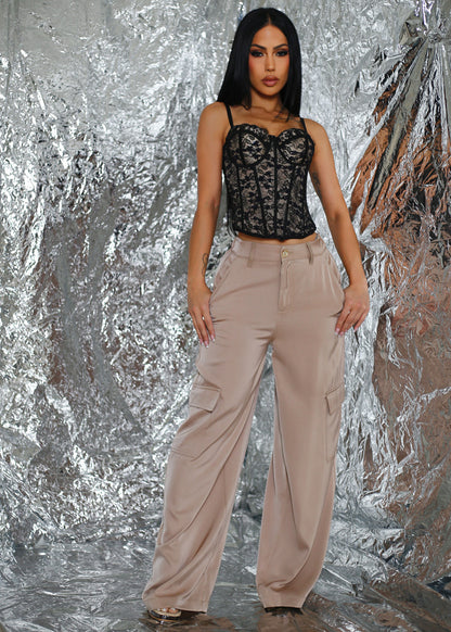 Super High Waist Satin Wide Leg Cargo Pants Taupe