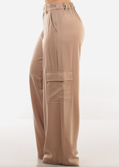Super High Waist Satin Wide Leg Cargo Pants Taupe