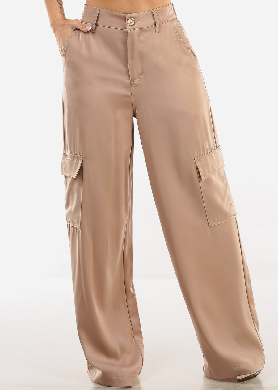 Super High Waist Satin Wide Leg Cargo Pants Taupe