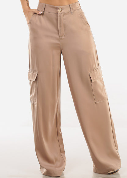 Super High Waist Satin Wide Leg Cargo Pants Taupe