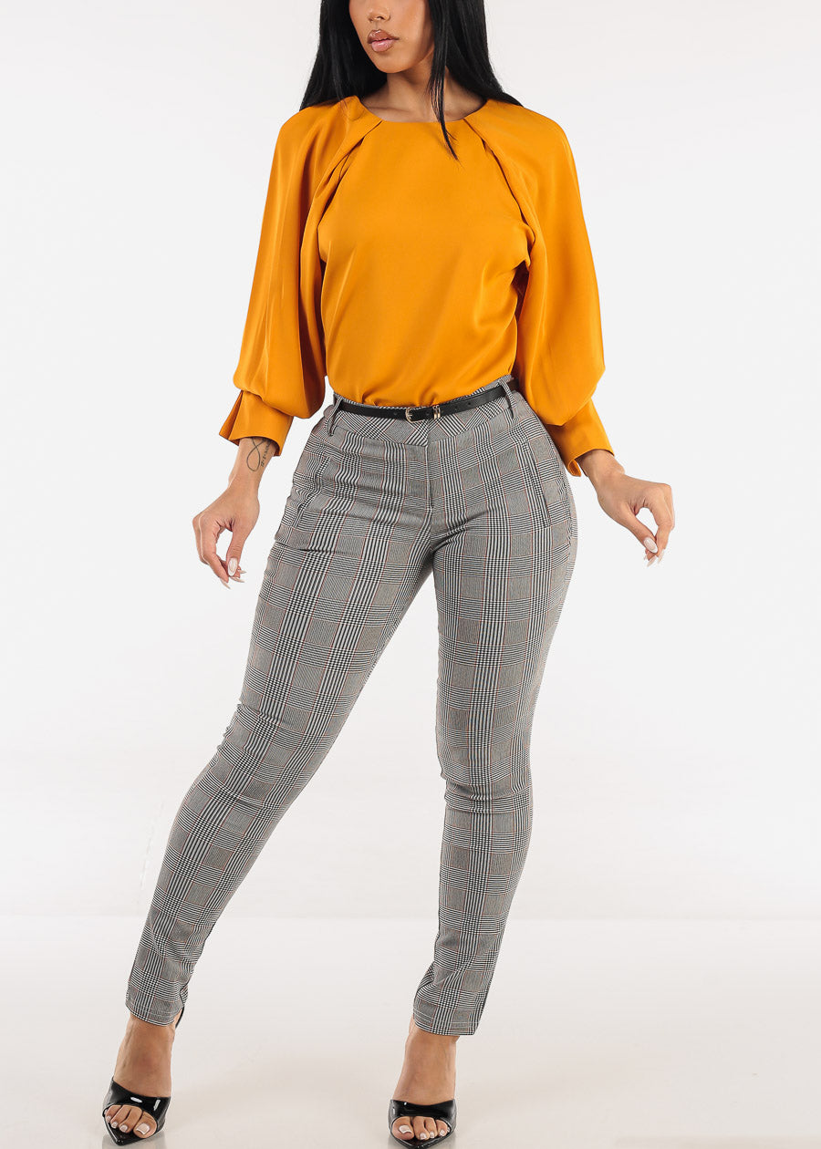 Butt lift Mid Rise Plaid Stretch Skinny Pants Brown w Belt