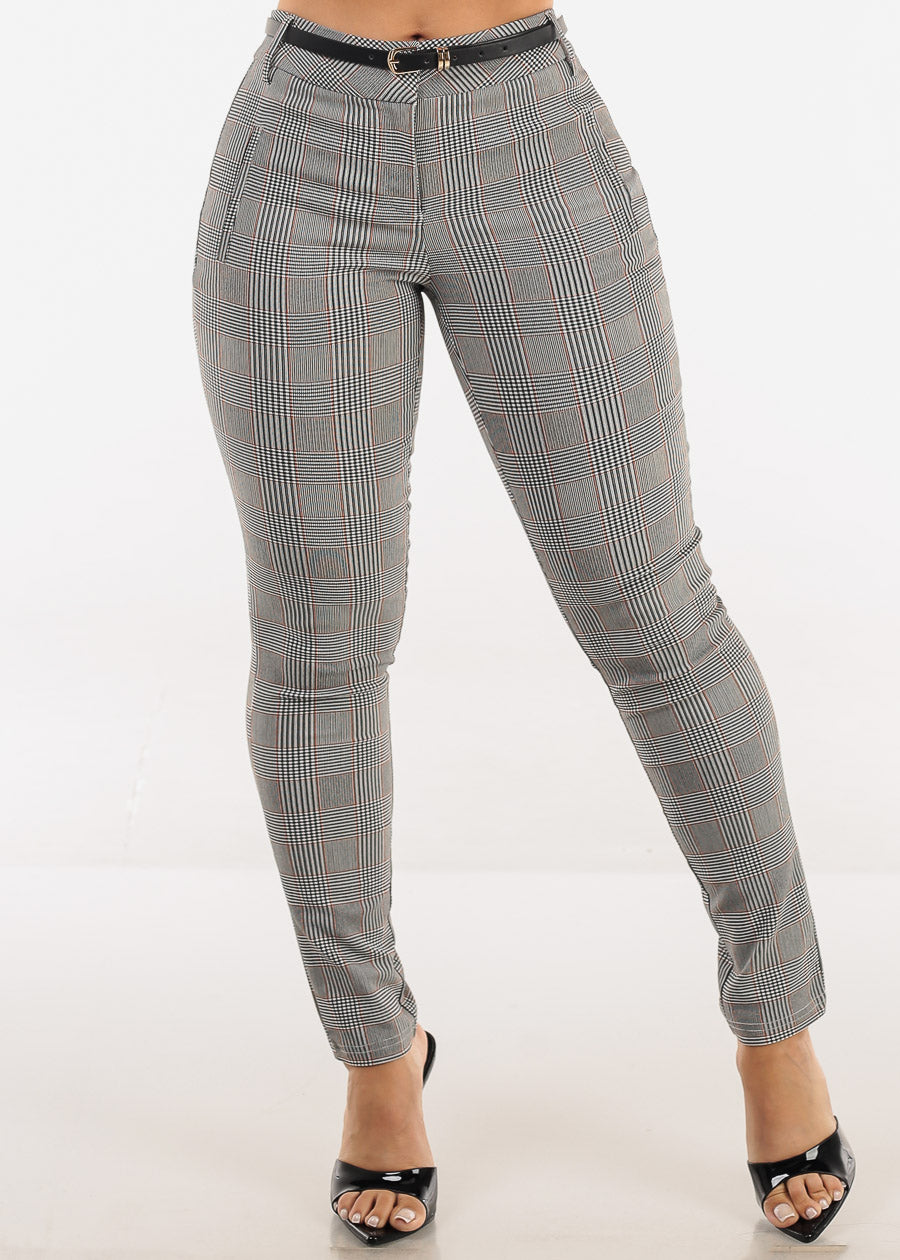 Butt lift Mid Rise Plaid Stretch Skinny Pants Brown w Belt