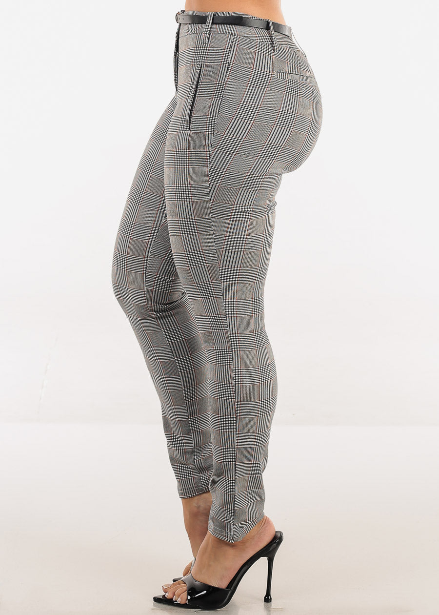 Butt lift Mid Rise Plaid Stretch Skinny Pants Brown w Belt