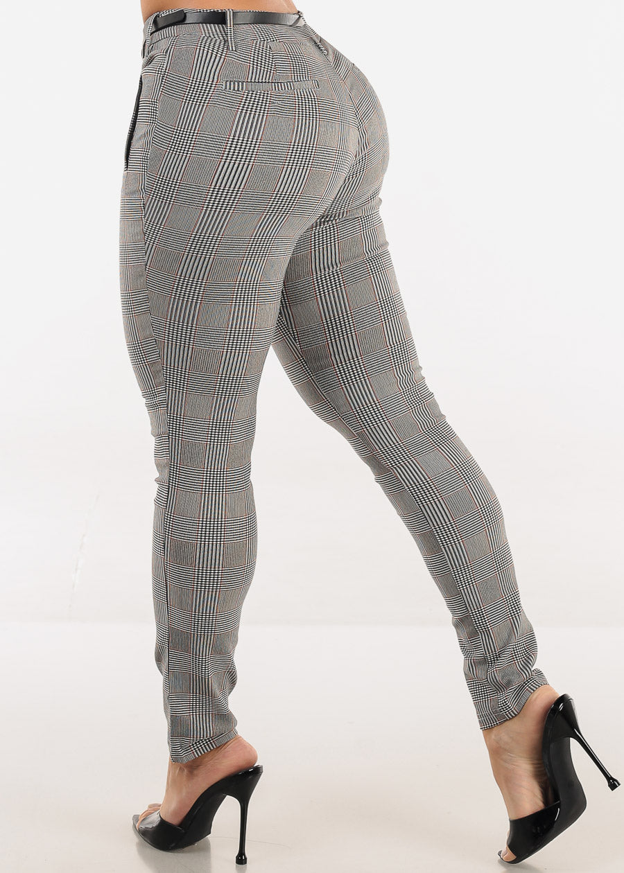 Butt lift Mid Rise Plaid Stretch Skinny Pants Brown w Belt
