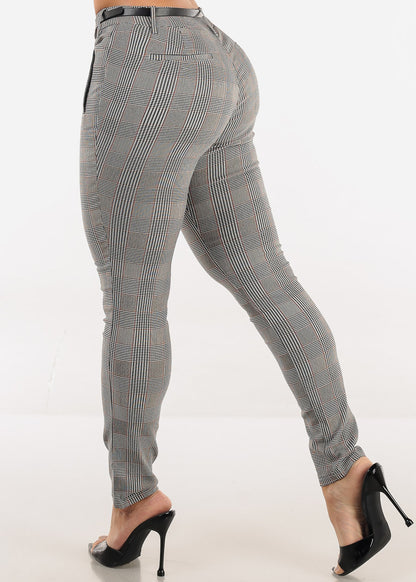 Butt lift Mid Rise Plaid Stretch Skinny Pants Brown w Belt