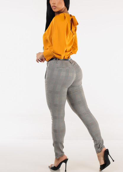 Butt lift Mid Rise Plaid Stretch Skinny Pants Brown w Belt