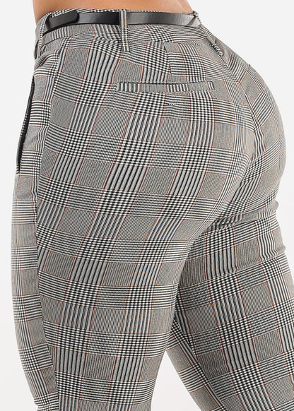 Butt lift Mid Rise Plaid Stretch Skinny Pants Brown w Belt