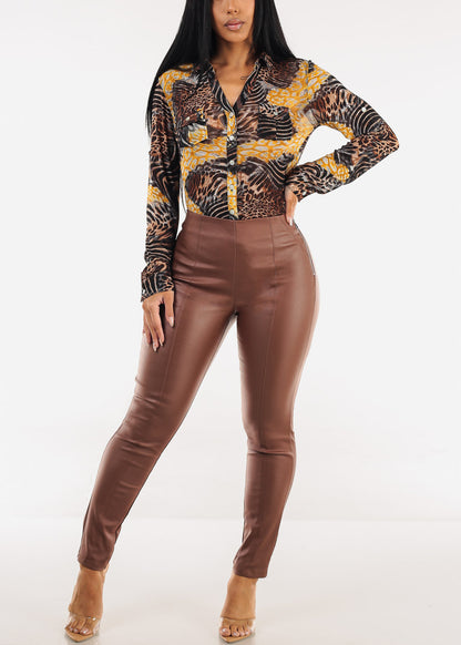 Butt Lift High Waist Coated Skinny Pants Brown