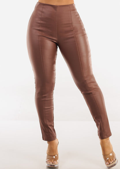 Butt Lift High Waist Coated Skinny Pants Brown