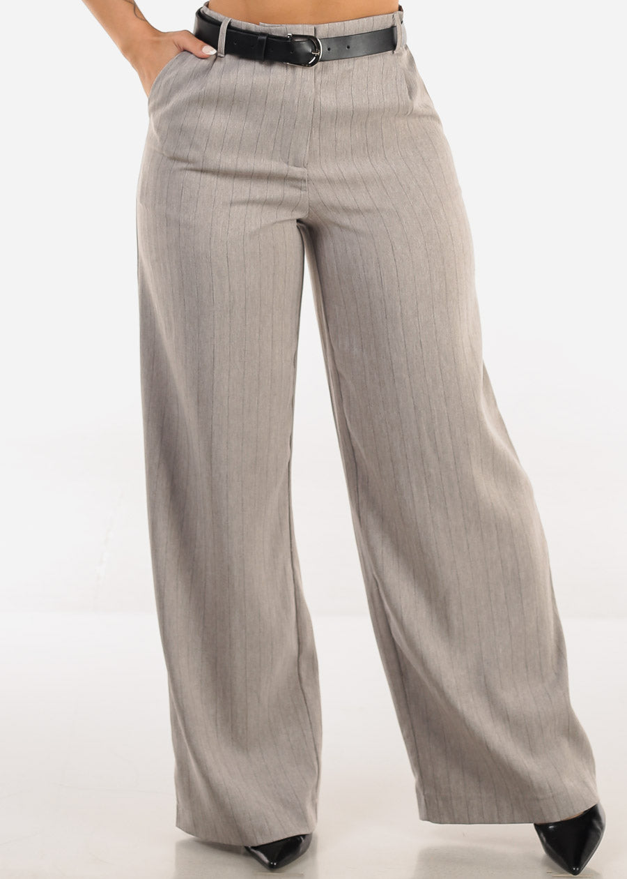 Super High Waist Stripe Wide Leg Dress Pants Grey