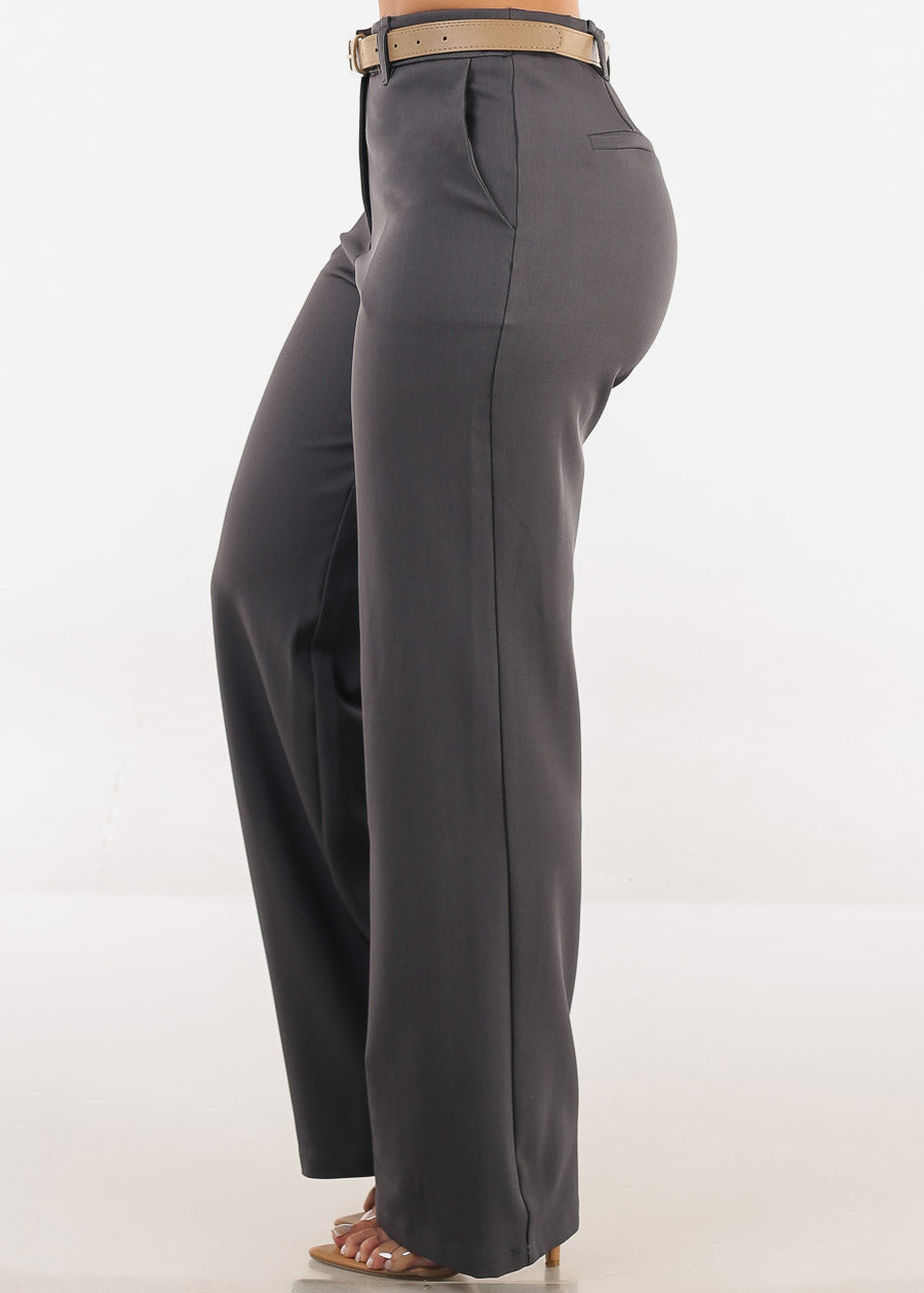 High Waist Wide Leg Dress Pants Charcoal with Belt 