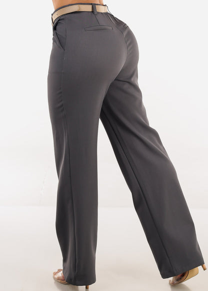High Waist Wide Leg Dress Pants Charcoal with Belt