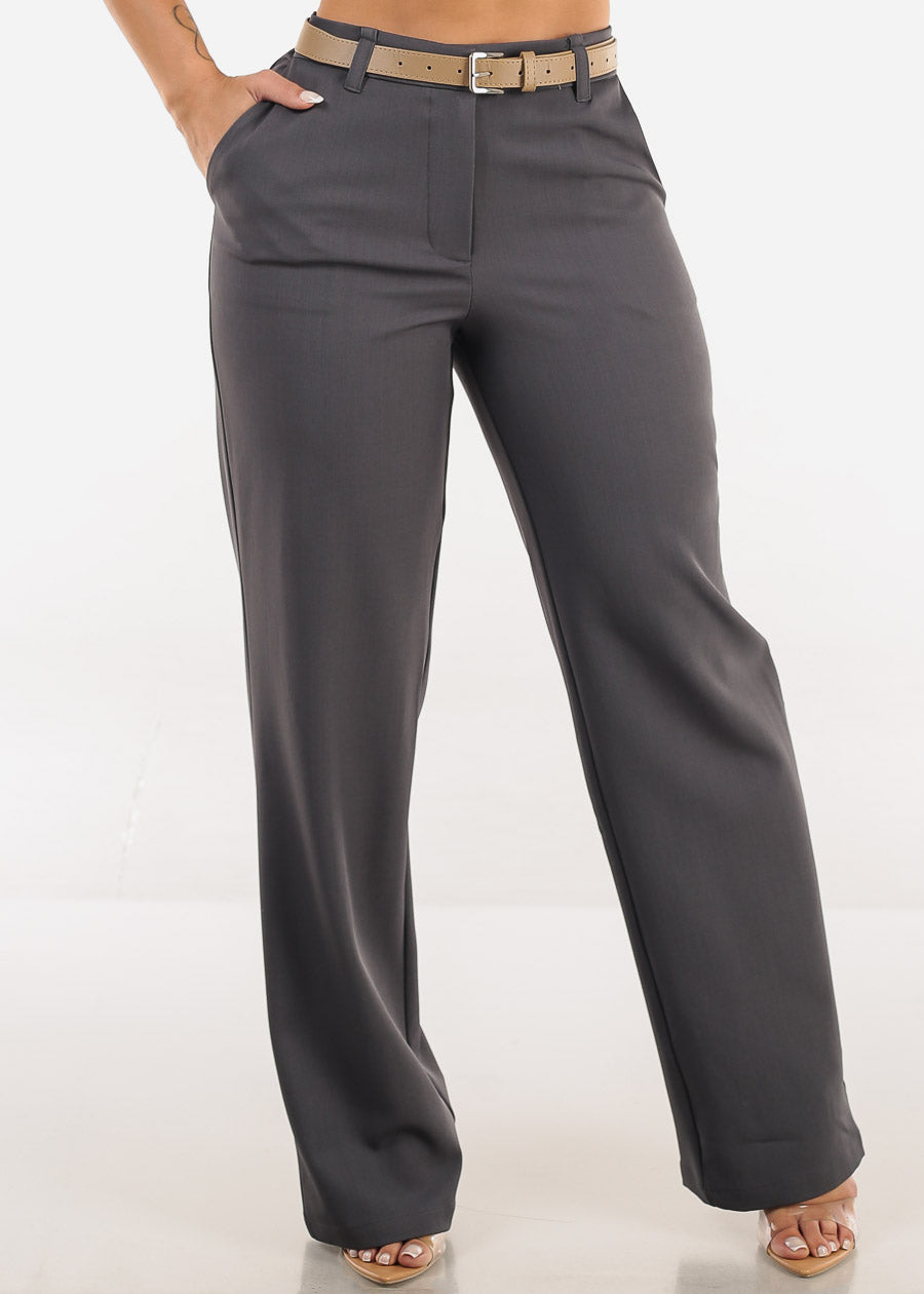 High Waist Wide Leg Dress Pants Charcoal with Belt 