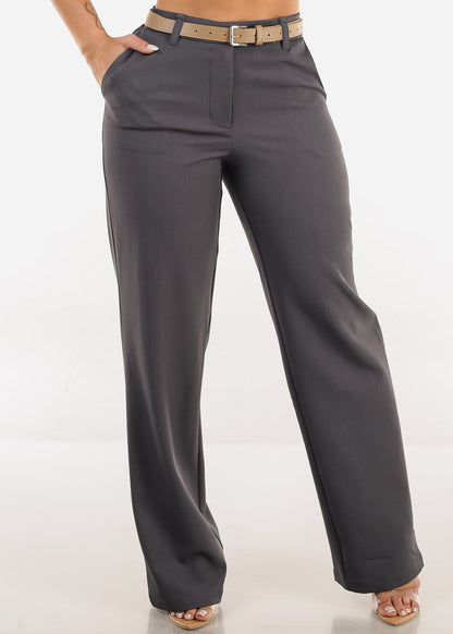 High Waist Wide Leg Dress Pants Charcoal with Belt 