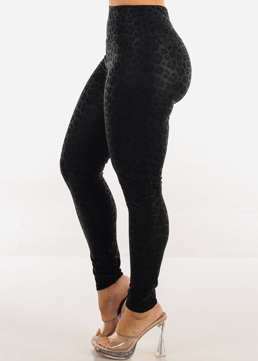 Stretchy Super High Waist Leopard Print Leggings Black