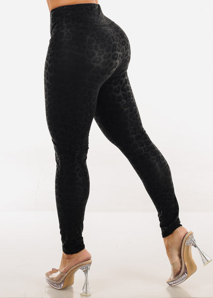 Stretchy Super High Waist Leopard Print Leggings Black