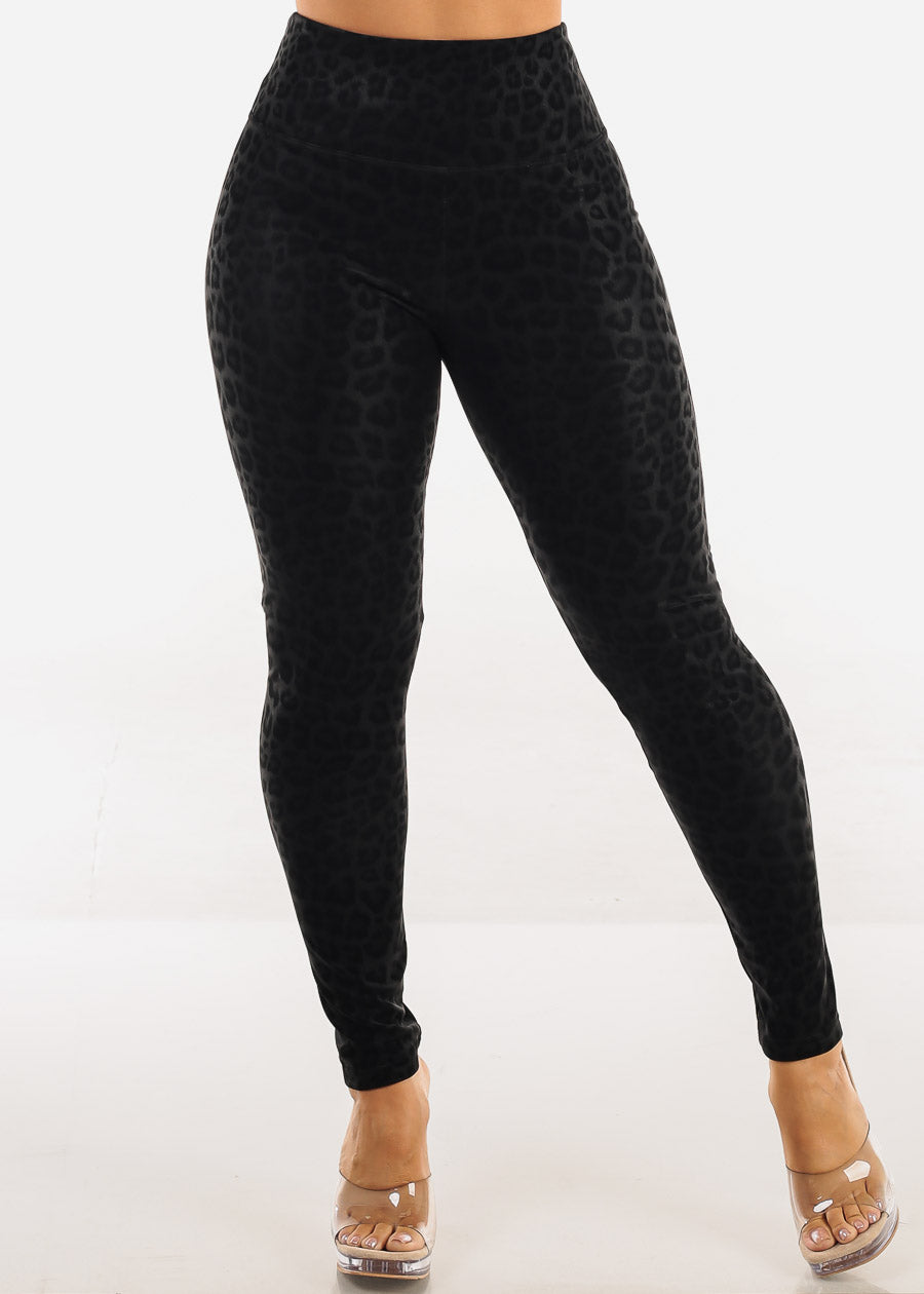 Stretchy Super High Waist Leopard Print Leggings Black