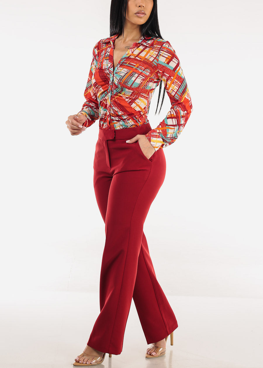 Butt Lift High Waisted Bootcut Dress Pants Burgundy