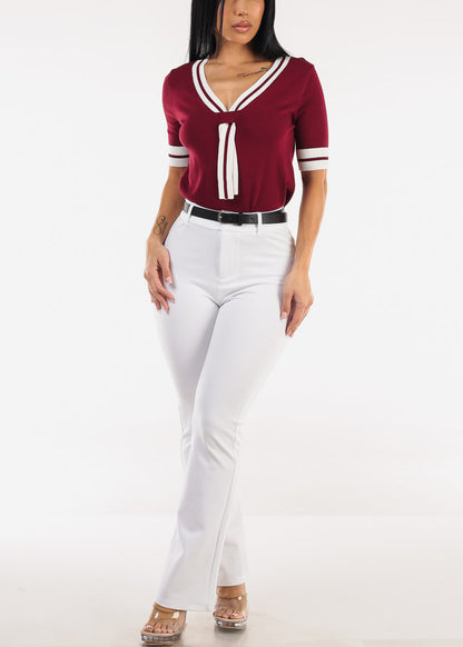 White Butt Lift Stretch Bootcut Dress Pants with Belt