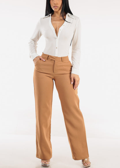 High Waisted Stripe Wide Leg Formal Dress Pants Khaki
