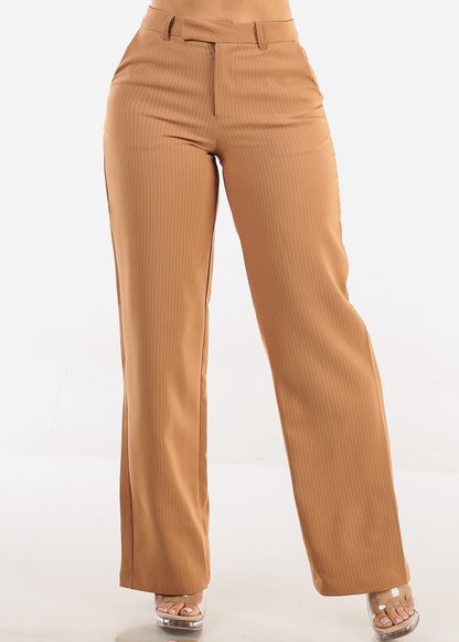 High Waisted Stripe Wide Leg Formal Dress Pants Khaki