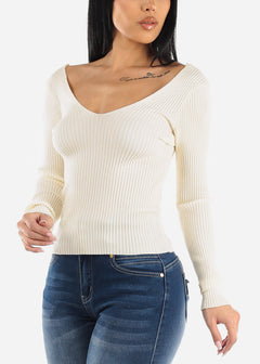 Long Sleeve V-Neck Sweater Top Off White