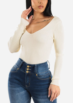 Long Sleeve V-Neck Sweater Top Off White