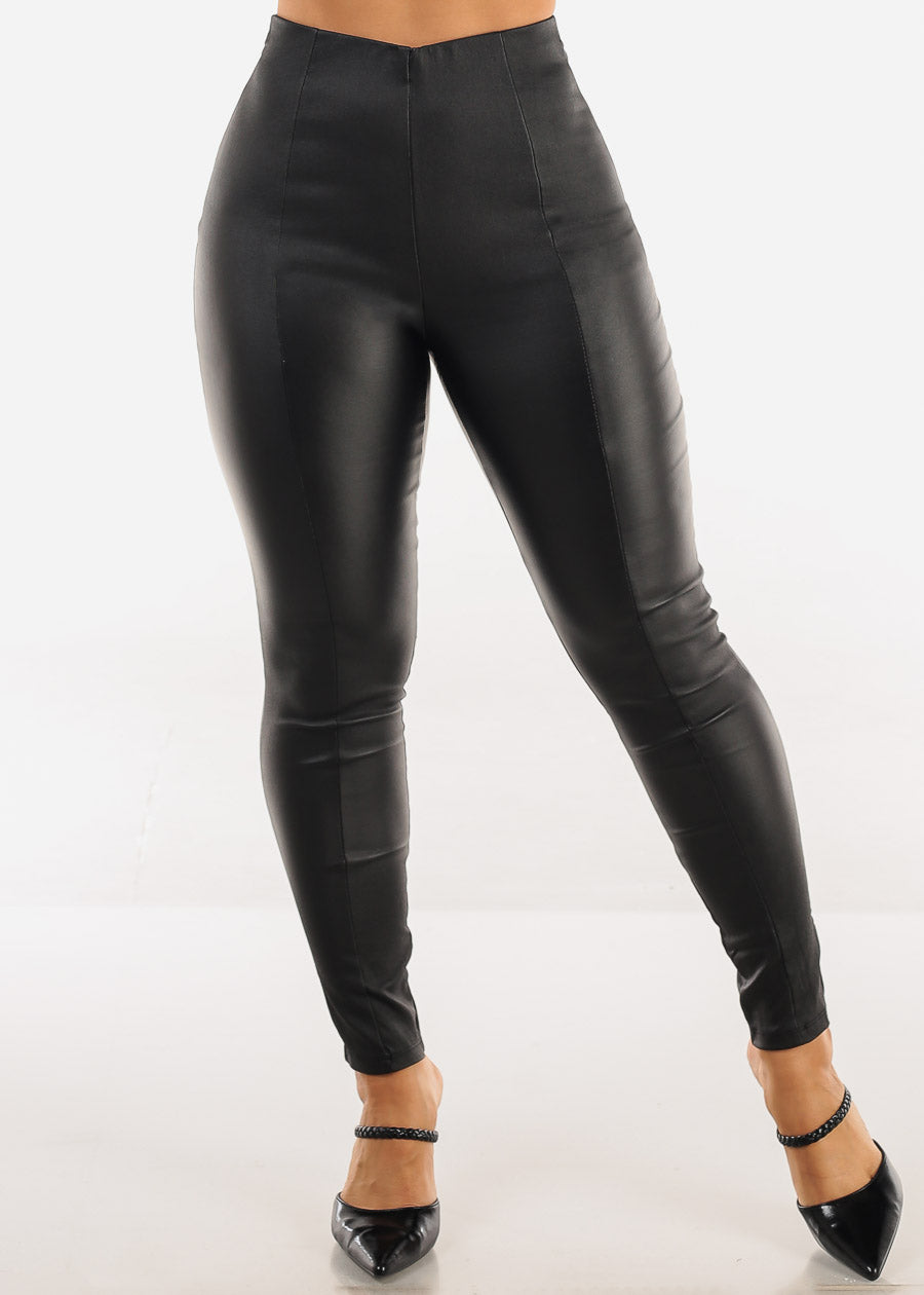 High Waist Coated Stretch Skinny Pants Black