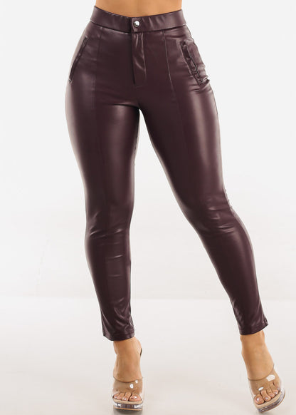 Butt Lift Vegan Leather Super High Waist Skinny Pants Burgundy