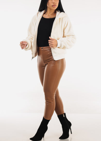 Butt Lift Vegan Leather Super High Waist Skinny Pants Light Brown