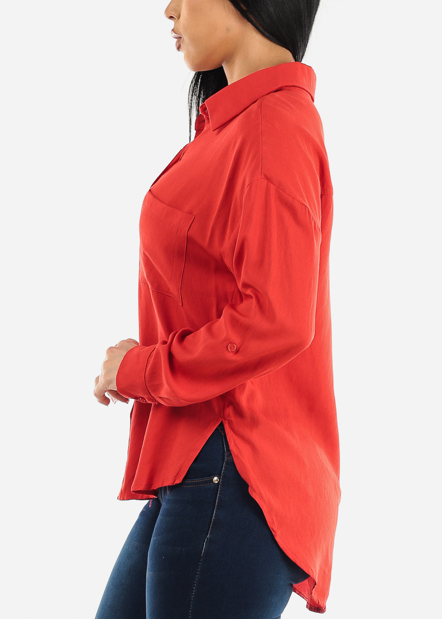 Red Long Sleeve Relaxed Fit Collared Blouse