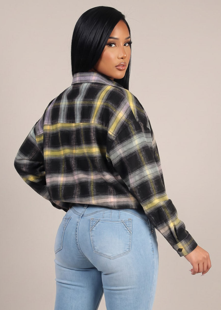 Long Sleeve Black Oversized Plaid Shirt, view 2 of 10