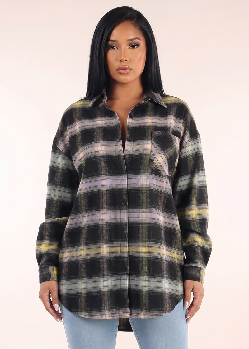 Long Sleeve Black Oversized Plaid Shirt
