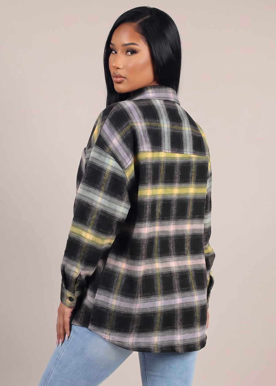 Long Sleeve Black Oversized Plaid Shirt, view 4 of 10