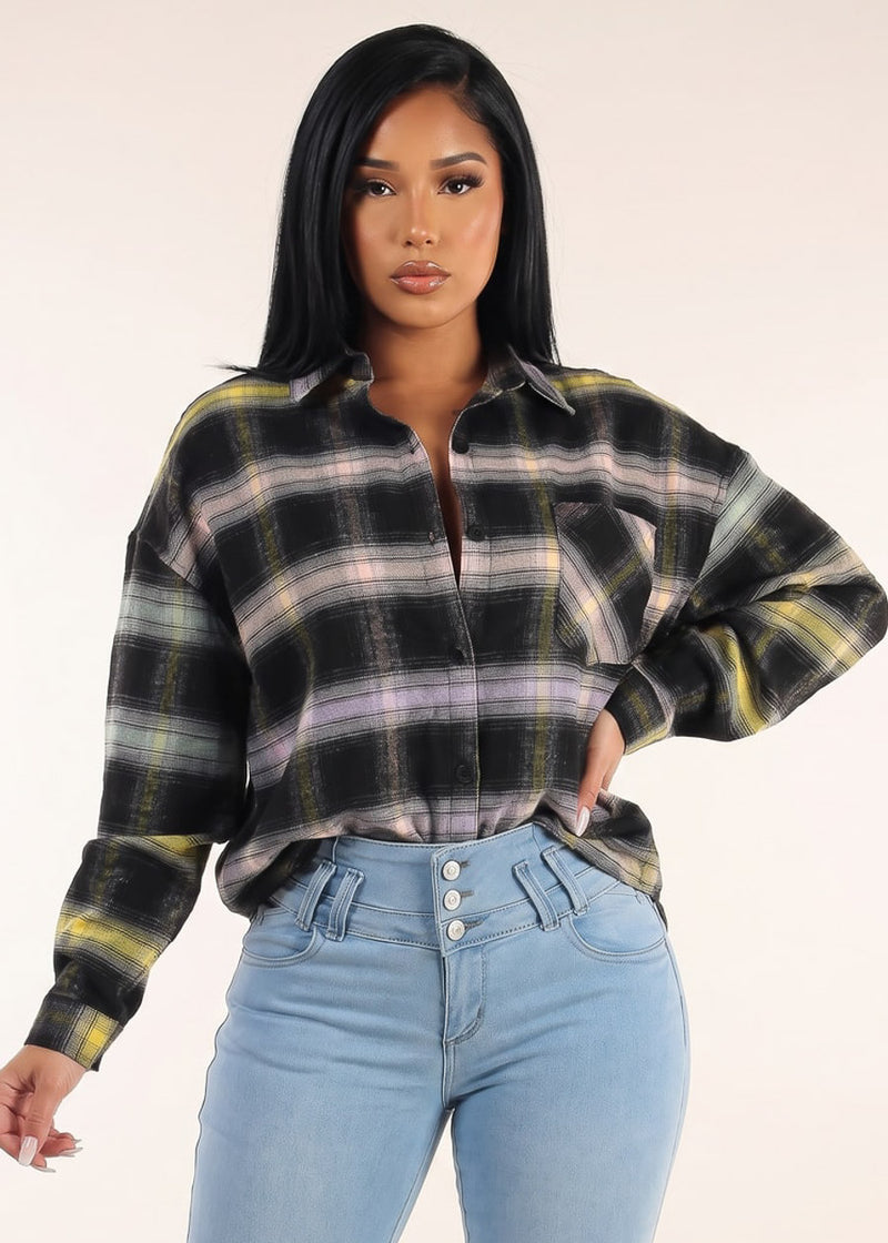 Long Sleeve Black Oversized Plaid Shirt