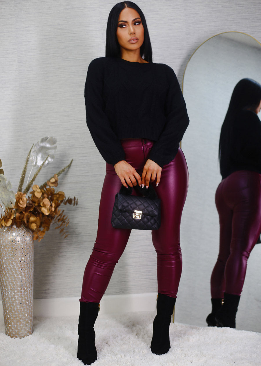 High Waist Coated Faux Leather Skinny Pants Burgundy