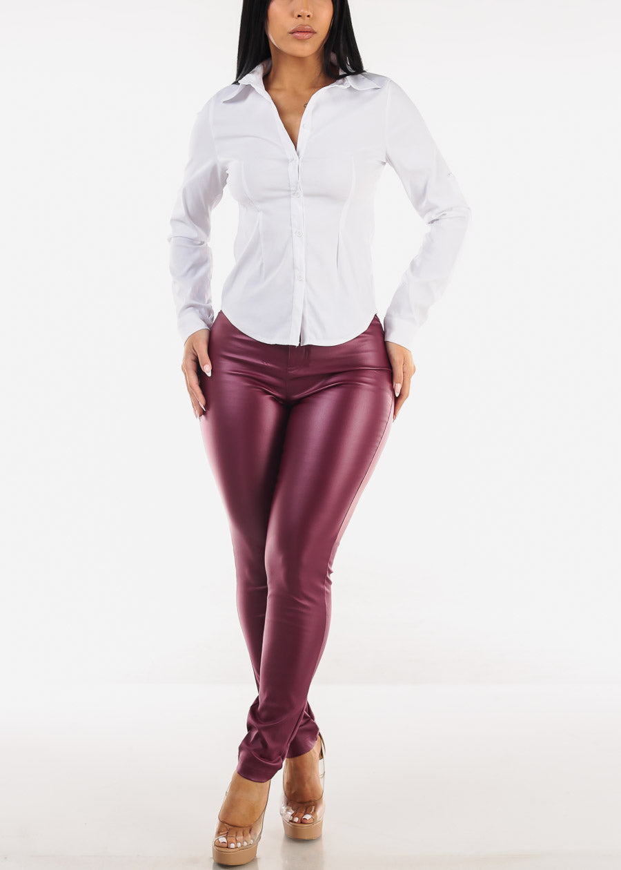 High Waist Coated Faux Leather Skinny Pants Burgundy