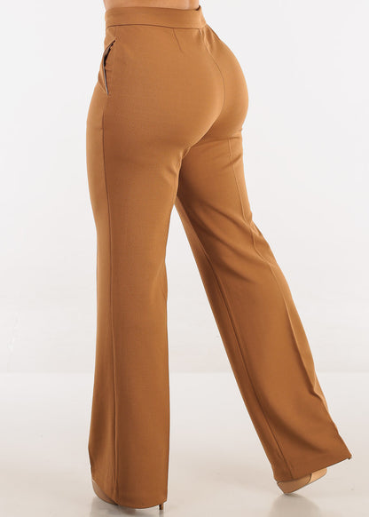 Khaki High Waist Wide Leg Stretch Dress Pants