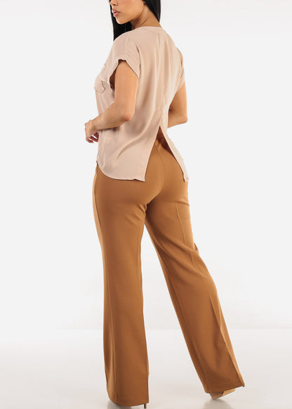 Khaki High Waist Wide Leg Stretch Dress Pants