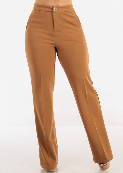 Khaki High Waist Wide Leg Stretch Dress Pants