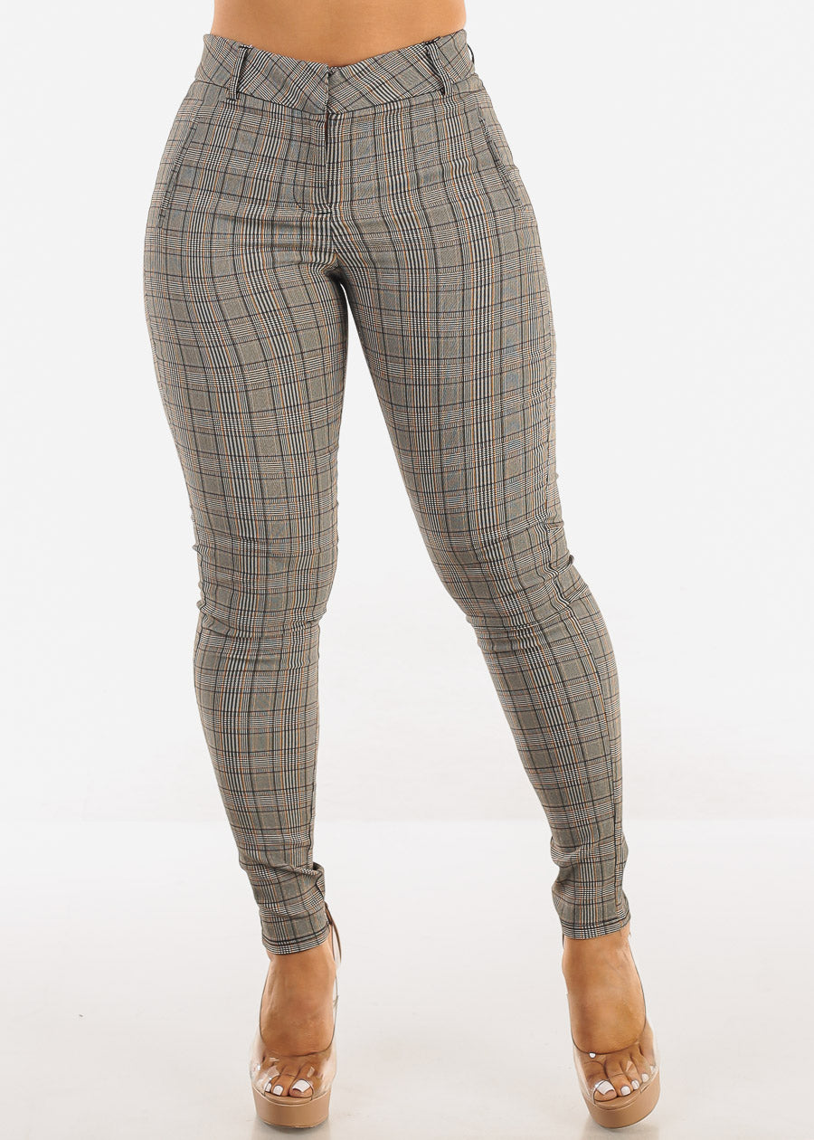 Butt Lift High Waist Plaid Skinny Pants Brown